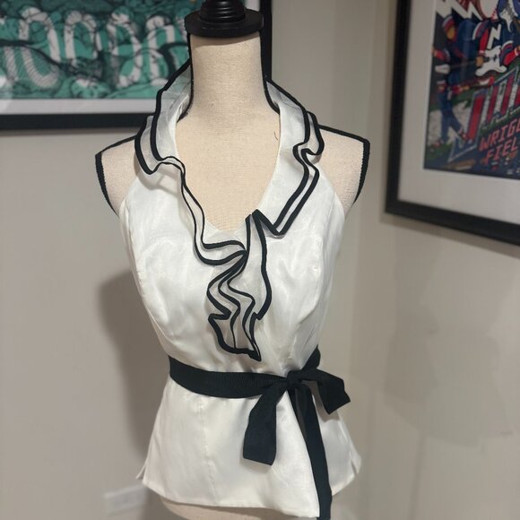 WHBM - Cream/Black Ruffle Halter Top - Size 12 - Picture 1 of 2